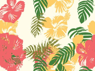 Tropikal arka plan. Yeşil, pembe, kırmızı, sarı canavar, amber çiçeği, avuç içi vektör elementleri. Hawaii egzotik kapak şablonu. Yaz botanik arka planı. Tropik çiçekli orman dokusuna sahip klasik bir iz..