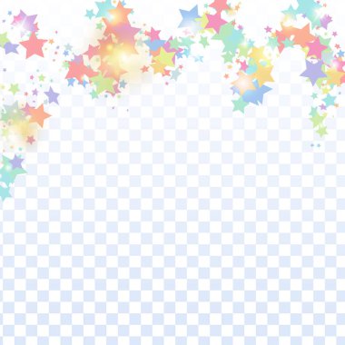 Saydam arkaplanda çok renkli yıldız konfetileri izole edildi. Uçan parlak parçacıklar. Soyut vektör renkli konfeti. Parlak dekorasyon arka planı. Yeni yıl kartı şablonu