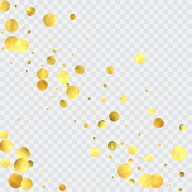 Yuvarlak altın konfetisi. Parıldayan vektör arka planı kutlar. Suluboya altın parıltılar ve noktalar. Makbuz arkaplanı. Lüks davetiye şablonu. Düşen altın konfetileri. Parıldayan arkaplan. 