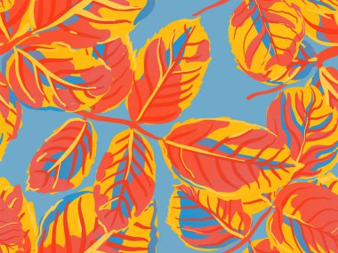 Boyalı İngiliz Yaprak Örnekleri Koleksiyonu. Yaz Tekstil Tasarımı. Rose Leaves Leamless Destern 'de. Romantik Botanik Vektör Geçmişi. Safran Sarı ve Kırmızı Tekrarlanan Bahar Şakayık Duvar Kağıdı.