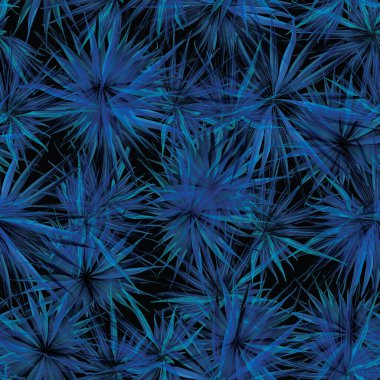 Palm Monstera Kusursuz Düzen. Mavi Siyah Tropikal Yaz Arkaplanı. Plaj Ormanı Mayo Tasarımı Yaprakları. Lei Uyum. Retro Hawai baskısı. Tropik Tekstil dokusu. Botanik fayansları.