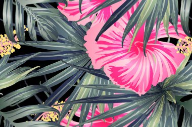 Yeşil kırmızı egzotik desen. Canavar yaprakları ve amber çiçekleri yaz baskısı. Hawaii tişörtü ve mayo fayansı. Yatay romantik vahşi vektör egzotik fayans. Güzel bahar botanik tasarımı.