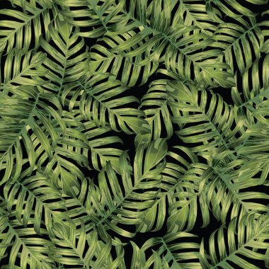 Palm Monstera Kusursuz Düzen. Yeşil Siyah Tropikal Yaz Arkaplanı. Plaj Ormanı Mayo Tasarımı Yaprakları. Lei Uyum. Klasik Hawai baskısı. Tropik Tekstil dokusu. Botanik fayansları.