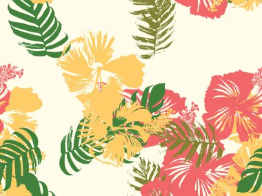Tropikal arka plan. Yeşil, pembe, kırmızı, sarı canavar, amber çiçeği, avuç içi vektör elementleri. Hawaii egzotik kapak şablonu. Yaz botanik arka planı. Tropik çiçekli orman dokusuna sahip klasik bir iz..