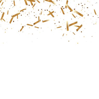  Altın konfetileri, kurdeleler. Parıldıyor. Bokeh geçmişi. Soyut altın yıldönümü davetiye şablonu. Düğün konsepti kartı. Uçan soyut parçacıklar. Patlama kutlama kartı.