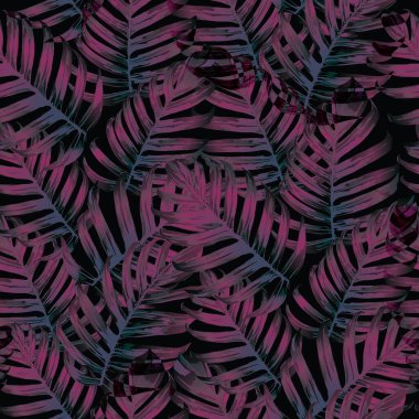 Palm Monstera Kusursuz Düzen. Siyah Pembe Tropik Yaz Arkaplanı. Plaj Ormanı Mayo Tasarımı Yaprakları. Lei Uyum. Retro Hawai baskısı. Tropik Tekstil dokusu. Botanik döşemesi.