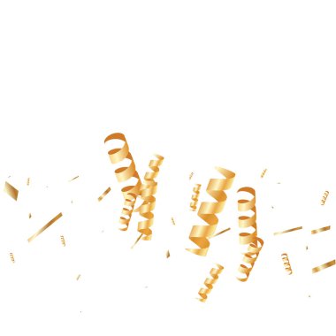  Altın konfetileri, kurdeleler. Parıldıyor. Bokeh geçmişi. Soyut altın yıldönümü davetiye şablonu. Düğün konsepti kartı. Uçan soyut parçacıklar. Patlama kutlama kartı.