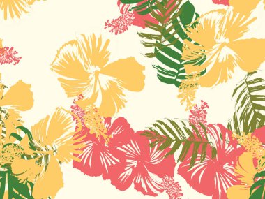Tropikal arka plan. Yeşil, pembe, kırmızı, sarı canavar, amber çiçeği, avuç içi vektör elementleri. Hawaii egzotik kapak şablonu. Yaz botanik arka planı. Tropik çiçekli orman dokusuna sahip klasik bir iz..
