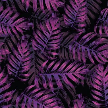 Palm Monstera Kusursuz Düzen. Siyah Pembe Tropik Yaz Arkaplanı. Plaj Ormanı Mayo Tasarımı Yaprakları. Lei Uyum. Retro Hawai baskısı. Tropik Tekstil dokusu. Botanik fayansları.