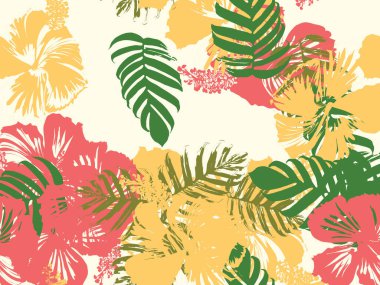 Tropikal arka plan. Yeşil, pembe, kırmızı, sarı canavar, amber çiçeği, avuç içi vektör elementleri. Hawaii egzotik kapak şablonu. Yaz botanik arka planı. Tropik çiçekli orman dokusuna sahip klasik bir iz..