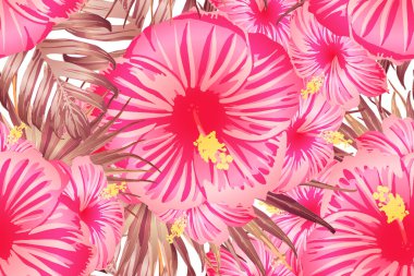 Pembe kırmızı egzotik desen. Canavar ve amber çiçekleri tropik buket. Hawaii tişörtü ve mayo fayansı. Yatay romantik vahşi vektör egzotik fayans. Aşırı doğal botanik tasarımı.