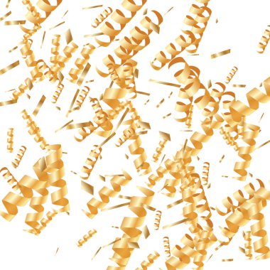  Altın konfetileri, kurdeleler. Parıldıyor. Bokeh geçmişi. Soyut altın yıldönümü davetiye şablonu. Düğün konsepti kartı. Uçan soyut parçacıklar. Patlama kutlama kartı.