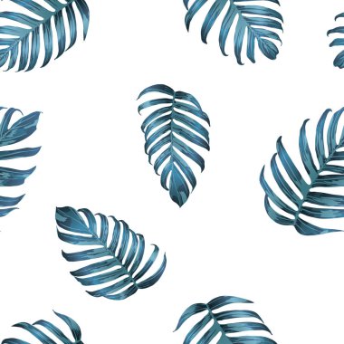 Palm Monstera Kusursuz Düzen. Indigo Tropik Yaz Arkaplanı. Plaj Ormanı Mayo Tasarımı Yaprakları. Lei Uyum. Retro Hawai baskısı. Tropik Tekstil dokusu. Botanik fayansları.