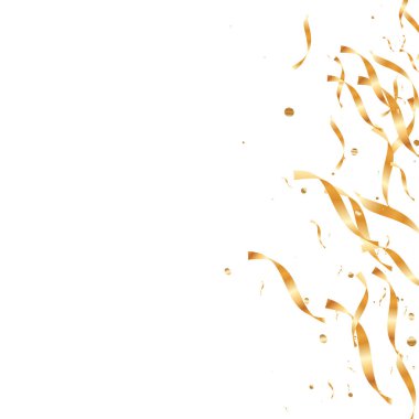 Altın kurdeleli konfeti. Parıldıyor. Bokeh geçmişi. Soyut altın odaklı yıldönümü davetiye şablonu. Düğün altın kurdele kartı. Uçan soyut parıltı. Patlama kutlama kartı