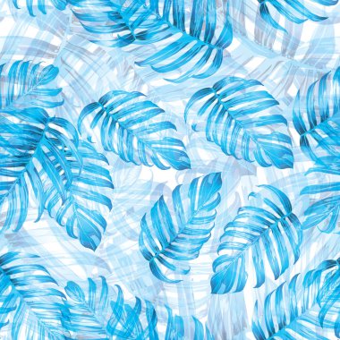 Palm Monstera Kusursuz Düzen. Mavi Beyaz Tropikal Yaz Arkaplanı. Plaj Ormanı Mayo Tasarımı Yaprakları. Lei Uyum. Klasik Hawai baskısı. Egzotik doku. Botanik döşemesi.