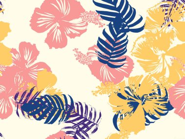 Tropikal arka plan. Yeşil, pembe, kırmızı, sarı canavar, amber çiçeği, avuç içi vektör elementleri. Hawaii egzotik kapak şablonu. Yaz botanik arka planı. Tropik çiçekli orman dokusuna sahip klasik bir iz..