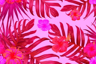 Pembe kırmızı egzotik desen. Canavar yaprakları ve amber çiçekleri yaz baskısı. Doymuş büyük çiçekli mayo izi. Yatay romantik vahşi vektör egzotik fayans. Aşırı doğal botanik tasarımı.