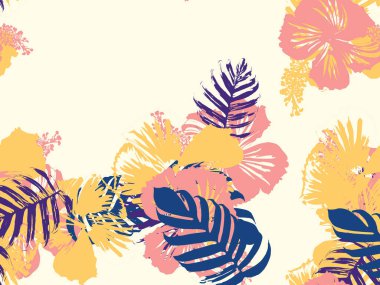 Tropikal arka plan. Yeşil, pembe, kırmızı, sarı canavar, amber çiçeği, avuç içi vektör elementleri. Hawaii egzotik kapak şablonu. Yaz botanik arka planı. Tropik çiçekli orman dokusuna sahip klasik bir iz..