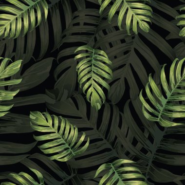 Palm Monstera Kusursuz Düzen. Yeşil Siyah Tropikal Yaz Arkaplanı. Plaj Ormanı Mayo Tasarımı Yaprakları. Lei Uyum. Retro Hawai baskısı. Tropik Tekstil dokusu. Botanik fayansları.