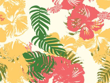 Tropikal arka plan. Yeşil, pembe, kırmızı, sarı canavar, amber çiçeği, avuç içi vektör elementleri. Hawaii egzotik kapak şablonu. Yaz botanik arka planı. Tropik çiçekli orman dokusuna sahip klasik bir iz..