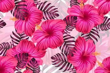 Tropikal desen. Kırmızı pembe egzotik yaz çiçeği vektör arkaplanı. Güzellik fasyonu canavarı, palmiye yaprakları ve amber çiçekleri. Hawaii tropik ormanı sonsuz iz. Doğal mayo tasarımı.