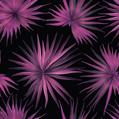 Palm Monstera Kusursuz Düzen. Magenta Tropik Yaz Arkaplanı. Plaj Ormanı Mayo Tasarımı Yaprakları. Lei Uyum. Klasik Hawai baskısı. Egzotik doku. Botanik döşemesi.