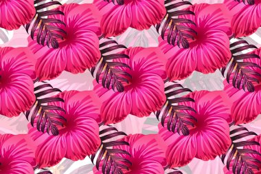 Tropikal desen. Kırmızı pembe egzotik yaz çiçeği vektör arkaplanı. Güzellik fasyonu canavarı, palmiye yaprakları ve amber çiçekleri. Hawaii tropik ormanı sonsuz iz. Doğal mayo tasarımı.
