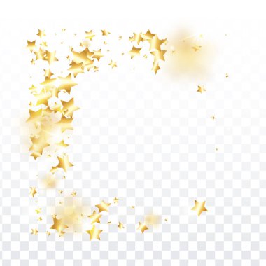 Şeffaf arkaplanda altın yıldız konfetisi. Uçan parlak parçacıklar. Tatil vektörü renkli konfeti. Doğum günü partisi arka planı. Noel kartı şablonu