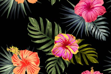 Yeşil kırmızı egzotik desen. Canavar yaprakları ve amber çiçekleri yaz baskısı. Hawaii tişörtü ve mayo fayansı. Yatay Kaliforniya doğal doku tasarımı. Güzel bahar botanik tasarımı.