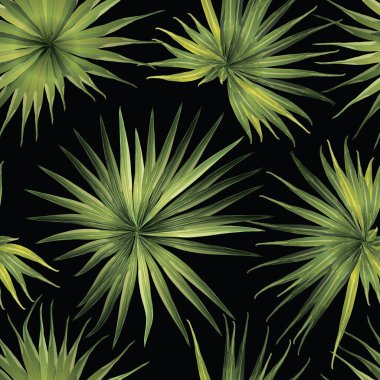 Palm Monstera Kusursuz Düzen. Yeşil Siyah Tropikal Yaz Arkaplanı. Plaj Ormanı Mayo Tasarımı Yaprakları. Lei Uyum. Retro Hawai baskısı. Egzotik doku. Botanik döşemesi.