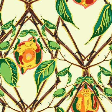 Limonsuz desen. Botanik Çizimi. Psikedelik Citron Motifi. Vector Summer Citrus Yazdırma. Basit İşaretli Kireç. Modern El Çizimi Arkaplanı. Yeşil, Kırmızı ve Sarı