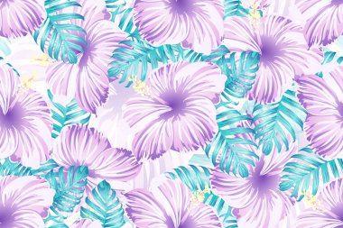 Tropikal desen. Pembe neon renkli egzotik yaz çiçeği vektör arkaplanı. Güzellik fasyonu canavarı, palmiye yaprakları ve amber çiçekleri. Hawaii tropik ormanı sonsuz iz. Doğal mayo tasarımı.