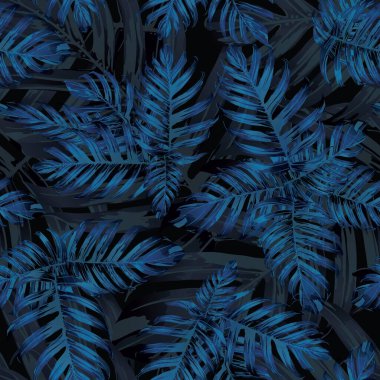 Palm Monstera Kusursuz Düzen. Mavi Siyah Tropikal Yaz Arkaplanı. Plaj Ormanı Mayo Tasarımı Yaprakları. Lei Uyum. Klasik Hawai baskısı. Tropik Tekstil dokusu. Botanik fayansları.