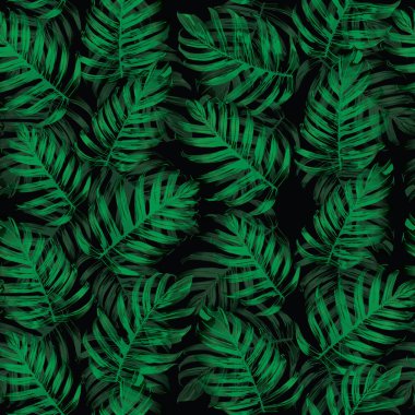Palm Monstera Kusursuz Düzen. Siyah Yeşil Tropikal Yaz Arkaplanı. Plaj Ormanı Mayo Tasarımı Yaprakları. Lei Uyum. Retro Hawai baskısı. Tropik Tekstil dokusu. Botanik fayansları.