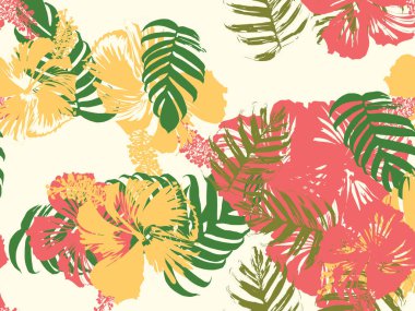 Tropikal arka plan. Yeşil, pembe, kırmızı, sarı canavar, amber çiçeği, avuç içi vektör elementleri. Hawaii egzotik kapak şablonu. Yaz botanik arka planı. Tropik çiçekli orman dokusuna sahip klasik bir iz..
