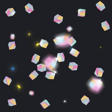 Siyah arka planda holografik gökkuşağı konfetisi. Yanardöner sihirli holografi baskısı. 3d küp üzerinde canlı neon gradyan. Koyu arkaplanda parlak çok renkli simli konfeti. Geometrik soyut hologram 