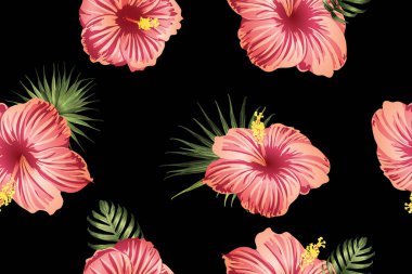 Yeşil kırmızı egzotik desen. Canavar yaprakları ve amber çiçekleri yaz baskısı. Hawaii tişörtü ve mayo fayansı. Yatay romantik vahşi vektör egzotik fayans. Güzel bahar botanik tasarımı.