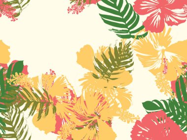 Tropikal arka plan. Yeşil, pembe, kırmızı, sarı canavar, amber çiçeği, avuç içi vektör elementleri. Hawaii egzotik kapak şablonu. Yaz botanik arka planı. Tropik çiçekli orman dokusuna sahip klasik bir iz..