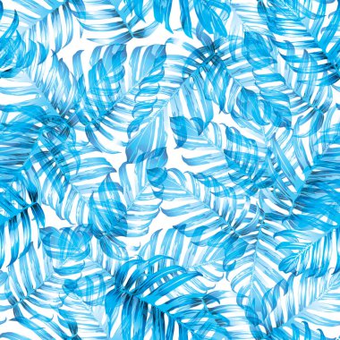 Palm Monstera Kusursuz Düzen. Mavi Beyaz Tropikal Yaz Arkaplanı. Plaj Ormanı Mayo Tasarımı Yaprakları. Lei Uyum. Klasik Hawai baskısı. Tropik Tekstil dokusu. Botanik döşemesi.