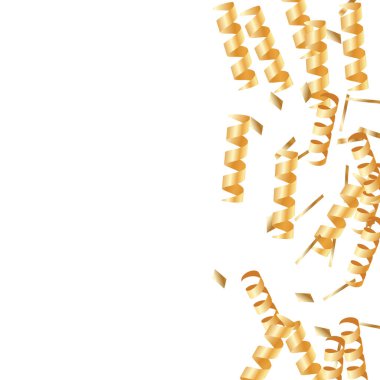  Altın konfetileri, kurdeleler. Parıldıyor. Bokeh geçmişi. Soyut altın yıldönümü davetiye şablonu. Düğün konsepti kartı. Uçan soyut parçacıklar. Patlama kutlama kartı.