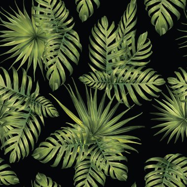 Palm Monstera Kusursuz Düzen. Yeşil Siyah Tropikal Yaz Arkaplanı. Plaj Ormanı Mayo Tasarımı Yaprakları. Lei Uyum. Klasik Hawai baskısı. Egzotik doku. Botanik döşemesi.
