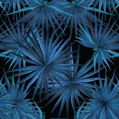 Palm Monstera Kusursuz Düzen. Indigo Tropik Yaz Arkaplanı. Plaj Ormanı Mayo Tasarımı Yaprakları. Lei Uyum. Klasik Hawai baskısı. Egzotik doku. Botanik döşemesi.