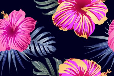 Yeşil kırmızı egzotik desen. Canavar yaprakları ve amber çiçekleri yaz baskısı. Hawaii tişörtü ve mayo fayansı. Yatay romantik vahşi vektör egzotik fayans. Aşırı doğal botanik tasarımı.