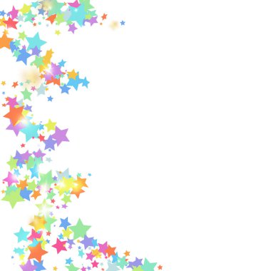 Beyaz arka planda yeşil, kırmızı, sarı, pembe yıldız konfetileri. Uçan parlak parçacıklar. Soyut vektör renkli konfeti. Doğum günü partisi arka planı. Yeni yıl kartı şablonu