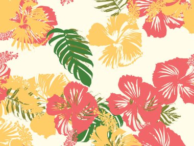 Tropikal arka plan. Yeşil, pembe, kırmızı, sarı canavar, amber çiçeği, avuç içi vektör elementleri. Hawaii egzotik kapak şablonu. Yaz botanik arka planı. Tropik çiçekli orman dokusuna sahip klasik bir iz..