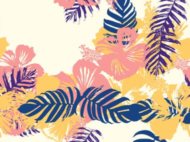 Tropikal arka plan. Yeşil, pembe, kırmızı, sarı canavar, amber çiçeği, avuç içi vektör elementleri. Hawaii egzotik kapak şablonu. Yaz botanik arka planı. Tropik çiçekli orman dokusuna sahip klasik bir iz..