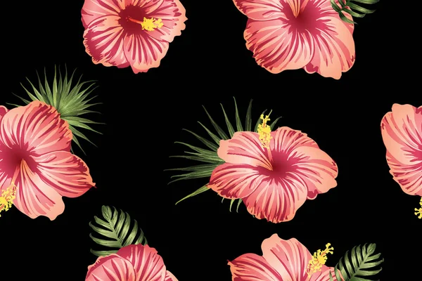 Yeşil kırmızı egzotik desen. Canavar yaprakları ve amber çiçekleri yaz baskısı. Hawaii tişörtü ve mayo fayansı. Yatay romantik vahşi vektör egzotik fayans. Güzel bahar botanik tasarımı.