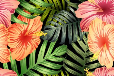 Yeşil kırmızı egzotik desen. Canavar ve amber çiçekleri tropik buket. Doymuş büyük çiçekli mayo izi. Yatay romantik vahşi vektör egzotik fayans. Güzel bahar botanik tasarımı.