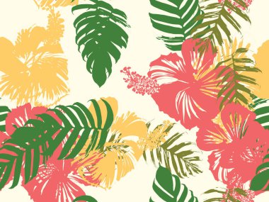 Tropikal arka plan. Yeşil, pembe, kırmızı, sarı canavar, amber çiçeği, avuç içi vektör elementleri. Hawaii egzotik kapak şablonu. Yaz botanik arka planı. Tropik çiçekli orman dokusuna sahip klasik bir iz..