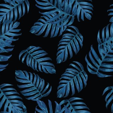Palm Monstera Kusursuz Düzen. Indigo Tropik Yaz Arkaplanı. Plaj Ormanı Mayo Tasarımı Yaprakları. Lei Uyum. Klasik Hawai baskısı. Egzotik doku. Botanik döşemesi.